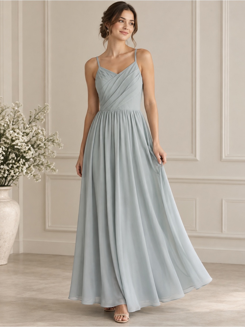 Azazie Cora JBD Dolphin Grey Chiffon Maxi Dress J14 NWT MSRP $149